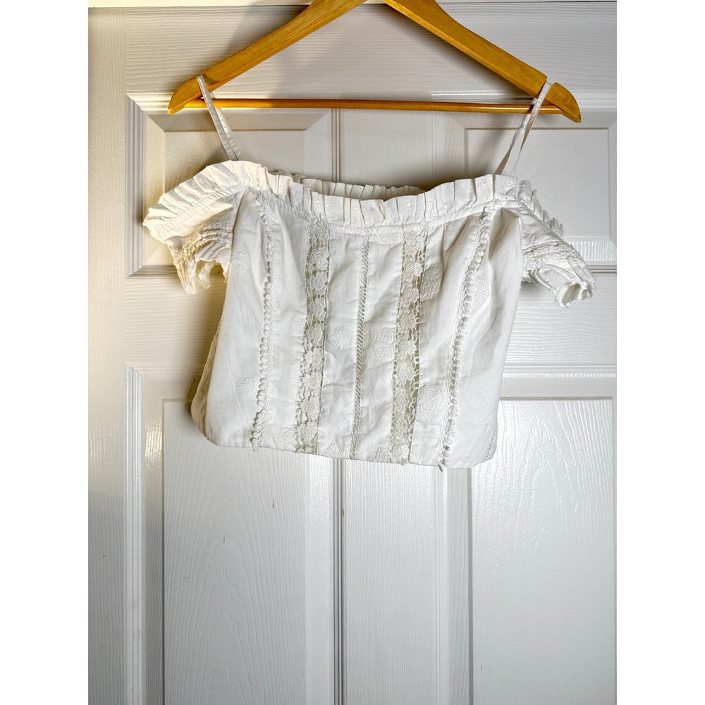 Anthropologie Blouse Womens 6 White Eyelet Lace Off Shoulder Smocked Crop Top